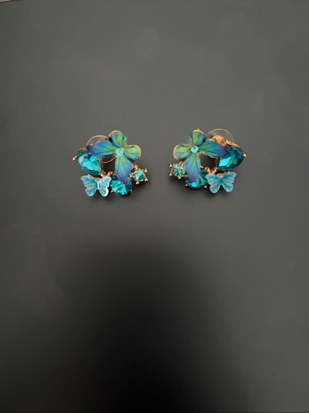 Floral Butterfly Blue-Green Crystal Stud Earrings